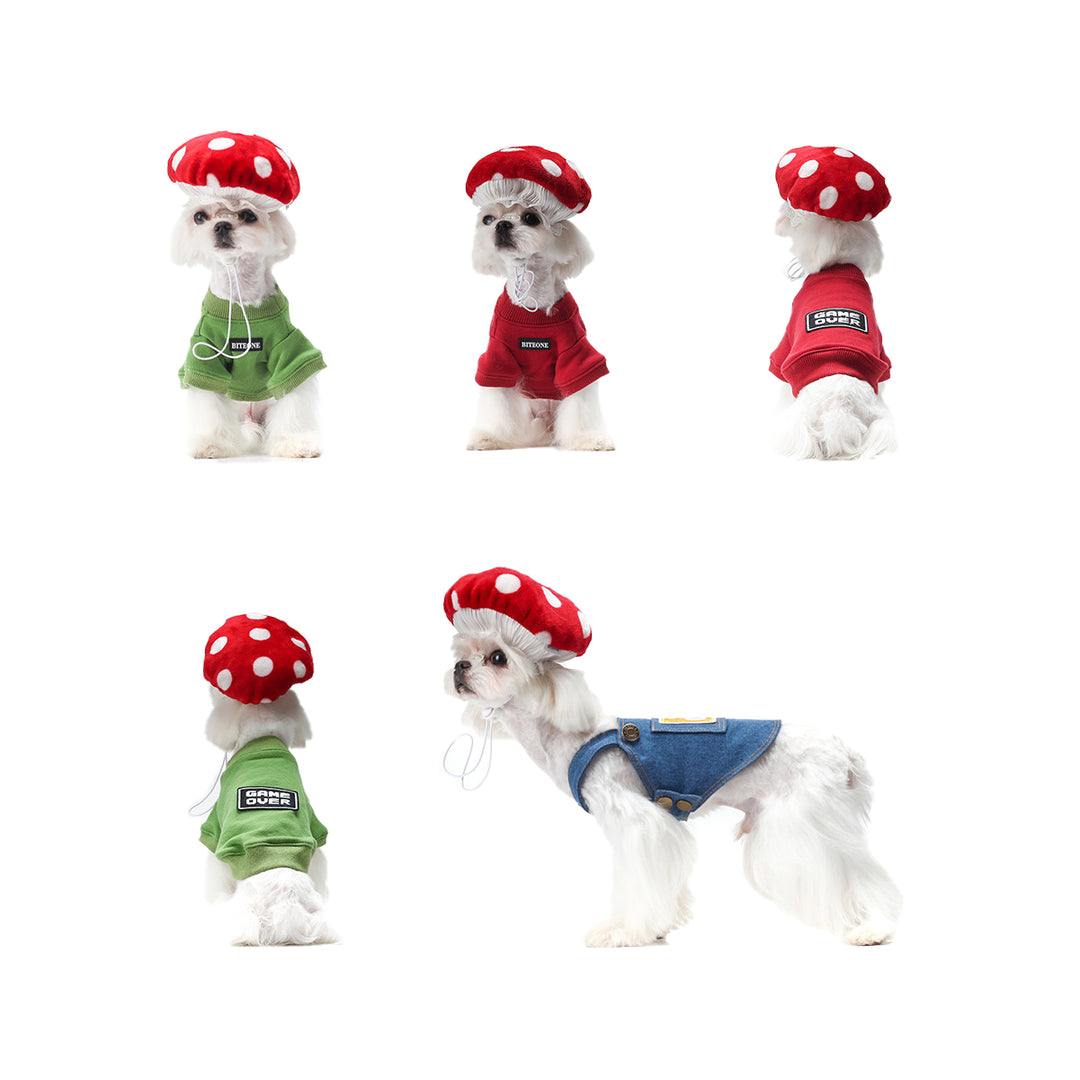 Mario style pet cloth set pet sweatsgirt denim suspenders and cut mushroom hat New trend 2024!