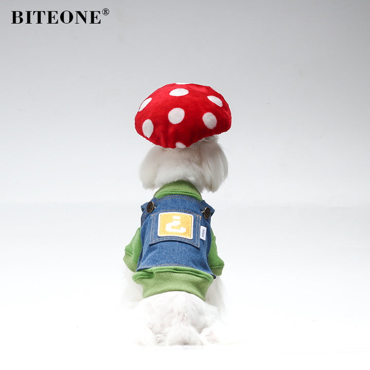 Mario style pet cloth set pet sweatsgirt denim suspenders and cut mushroom hat New trend 2024!