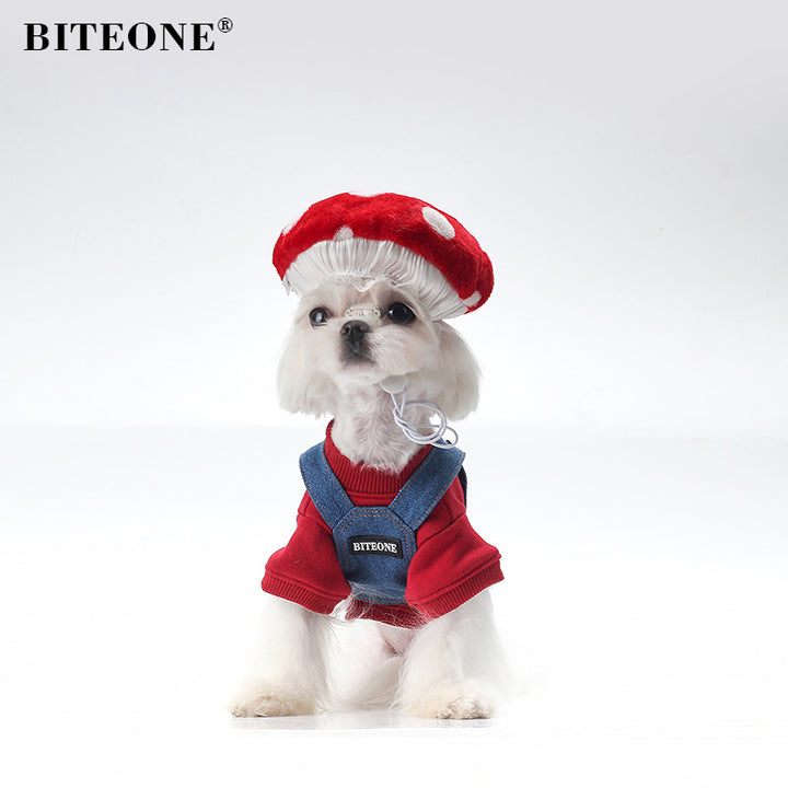 Mario style pet cloth set pet sweatsgirt denim suspenders and cut mushroom hat New trend 2024!