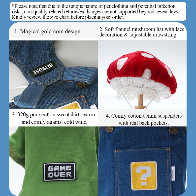 Mario style pet cloth set pet sweatsgirt denim suspenders and cut mushroom hat New trend 2024!
