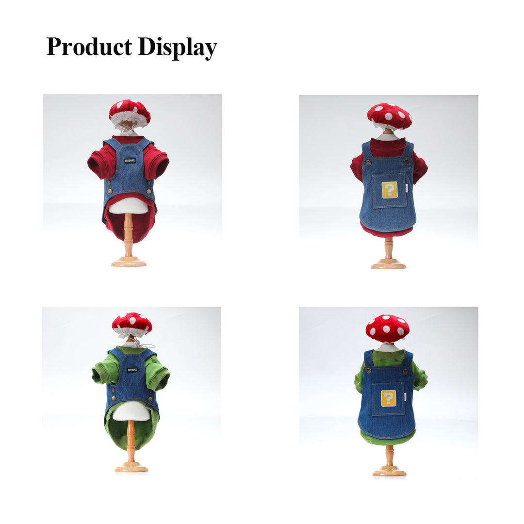 Mario style pet cloth set pet sweatsgirt denim suspenders and cut mushroom hat New trend 2024!